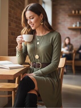 Altar’d Olive Green Long Sleeve Knit Swing Dress -Size Small